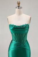 Load image into Gallery viewer, Dark Green Strapless Satin Mermaid Long Corset Prom Dress with Slit