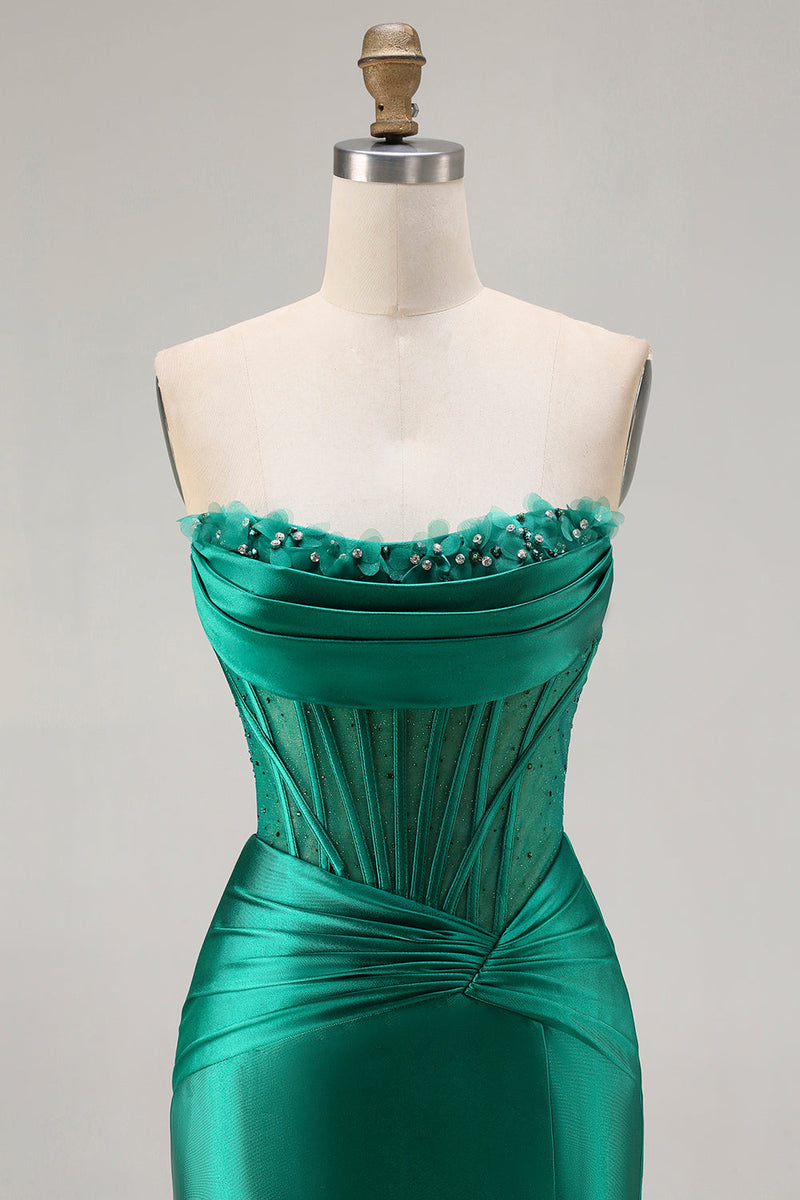 Load image into Gallery viewer, Dark Green Strapless Satin Mermaid Long Corset Prom Dress with Slit
