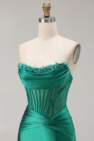 Load image into Gallery viewer, Dark Green Strapless Satin Mermaid Long Corset Prom Dress with Slit