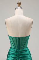 Load image into Gallery viewer, Dark Green Strapless Satin Mermaid Long Corset Prom Dress with Slit