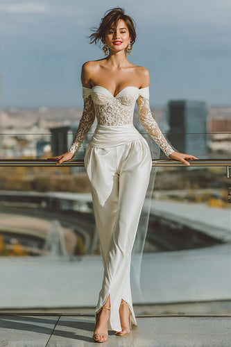 White Satin Off the Shoulder Bridal Jumpsuits with Lace