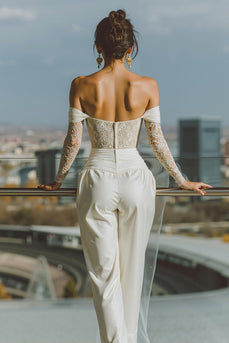 White Satin Off the Shoulder Bridal Jumpsuits with Lace