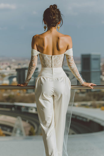 White Satin Off the Shoulder Bridal Jumpsuits with Lace