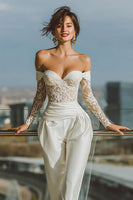 Load image into Gallery viewer, White Satin Off the Shoulder Bridal Jumpsuits with Lace