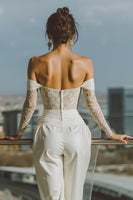 Load image into Gallery viewer, White Satin Off the Shoulder Bridal Jumpsuits with Lace