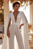 Load image into Gallery viewer, White Sweep Train Deep V-Neck Bridal Jumpsuits with Cape
