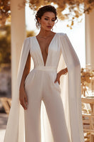 Load image into Gallery viewer, White Sweep Train Deep V-Neck Bridal Jumpsuits with Cape