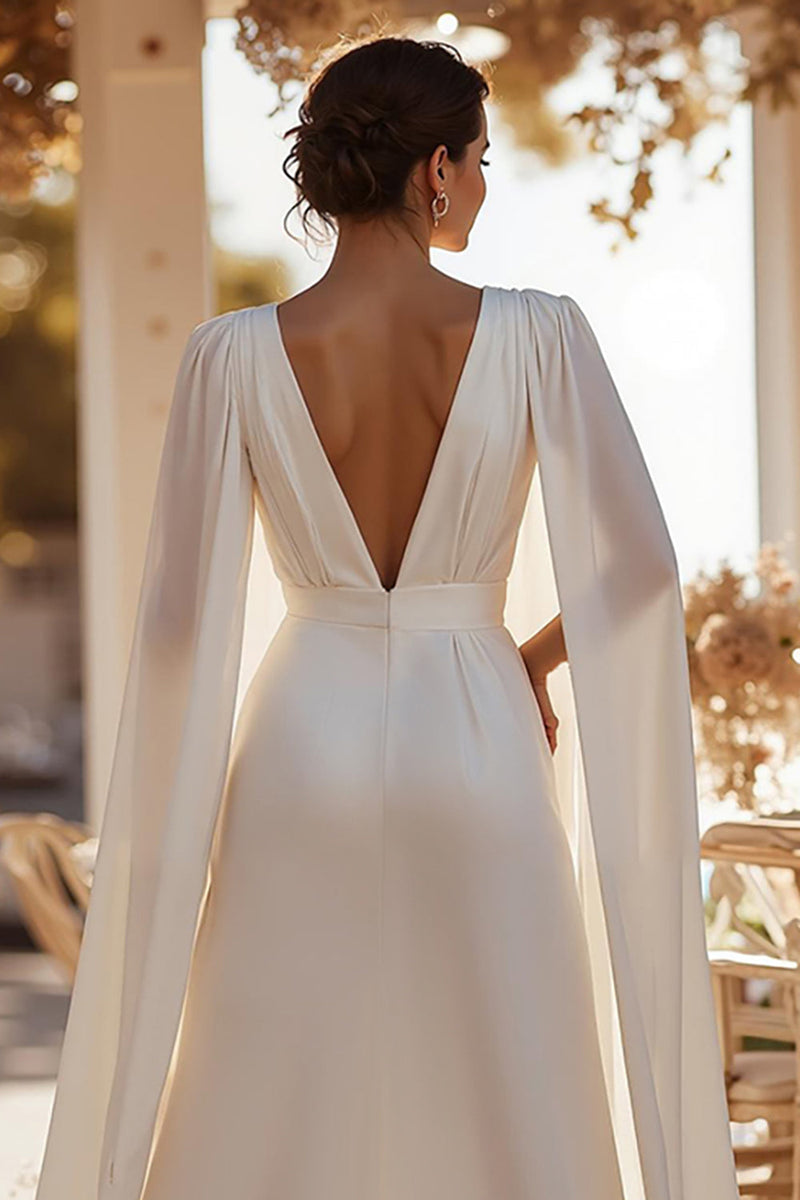 Load image into Gallery viewer, White Sweep Train Deep V-Neck Bridal Jumpsuits with Cape
