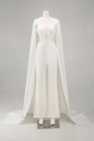 Load image into Gallery viewer, Ivory Cut Out Deep V-Neck Bridal Jumpsuits with Cape