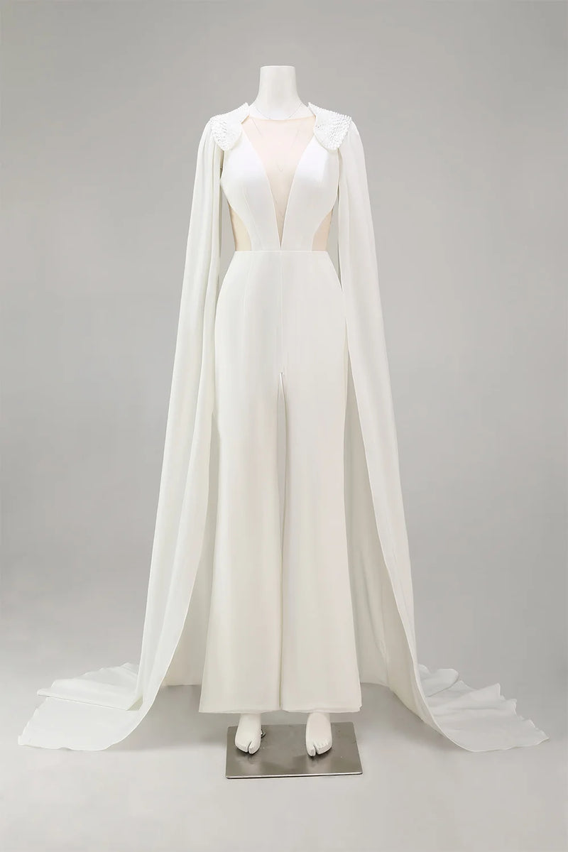 Load image into Gallery viewer, Ivory Cut Out Deep V-Neck Bridal Jumpsuits with Cape