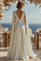 Load image into Gallery viewer, Ivory Cut Out Deep V-Neck Bridal Jumpsuits with Cape