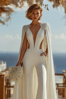 Load image into Gallery viewer, Ivory Cut Out Deep V-Neck Bridal Jumpsuits with Cape