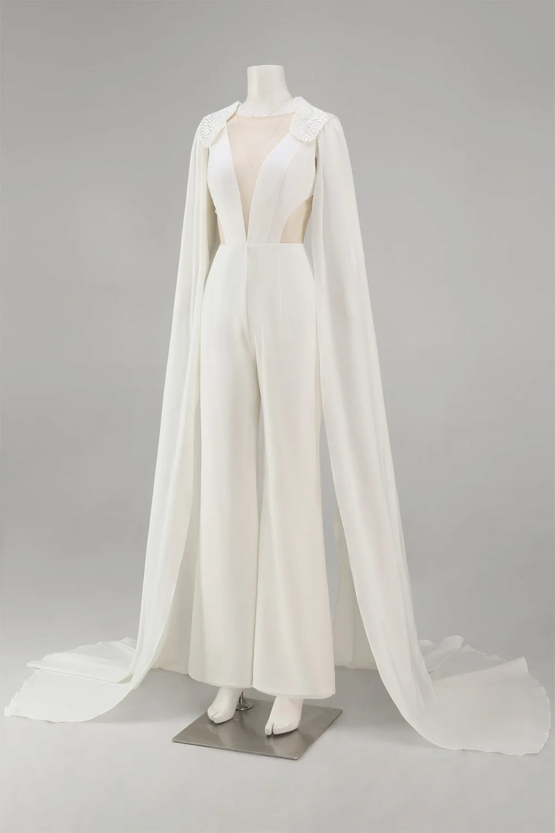 Load image into Gallery viewer, Ivory Cut Out Deep V-Neck Bridal Jumpsuits with Cape