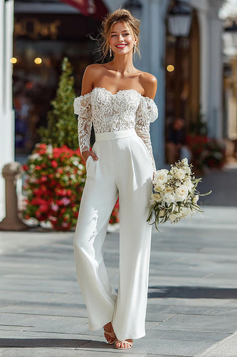 White Off the Shoulder Lace Bridal Jumpsuits with Long Sleeves