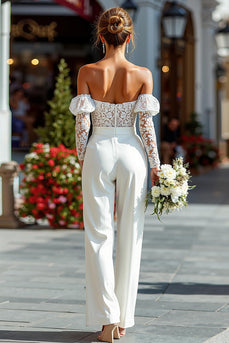 White Off the Shoulder Lace Bridal Jumpsuits with Long Sleeves