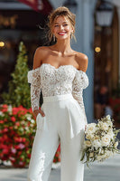 Load image into Gallery viewer, White Off the Shoulder Lace Bridal Jumpsuits with Long Sleeves