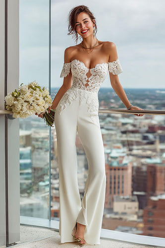 Simple Off the Shoulder White Bridal Jumpsuits with Lace