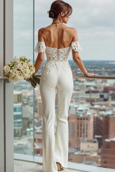 Simple Off the Shoulder White Bridal Jumpsuits with Lace