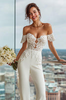 Load image into Gallery viewer, Simple Off the Shoulder White Bridal Jumpsuits with Lace