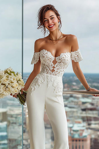 Simple Off the Shoulder White Bridal Jumpsuits with Lace