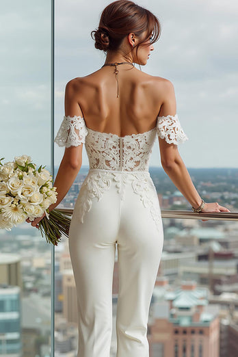 Simple Off the Shoulder White Bridal Jumpsuits with Lace