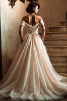 Load image into Gallery viewer, White Off the Shoulder A Line Sweep Train Wedding Dress with Slit