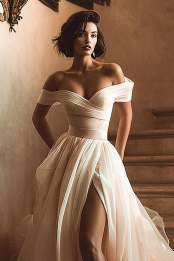 White Off the Shoulder A Line Sweep Train Wedding Dress with Slit
