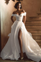 Load image into Gallery viewer, White Off the Shoulder A Line Sweep Train Wedding Dress with Slit