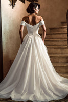 Load image into Gallery viewer, White Off the Shoulder A Line Sweep Train Wedding Dress with Slit