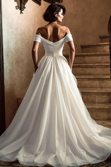 White Off the Shoulder A Line Sweep Train Wedding Dress with Slit