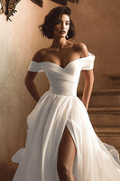 Load image into Gallery viewer, White Off the Shoulder A Line Sweep Train Wedding Dress with Slit