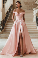 Load image into Gallery viewer, White A Line Off the Shoulder Sweep Train Wedding Dress with Slit