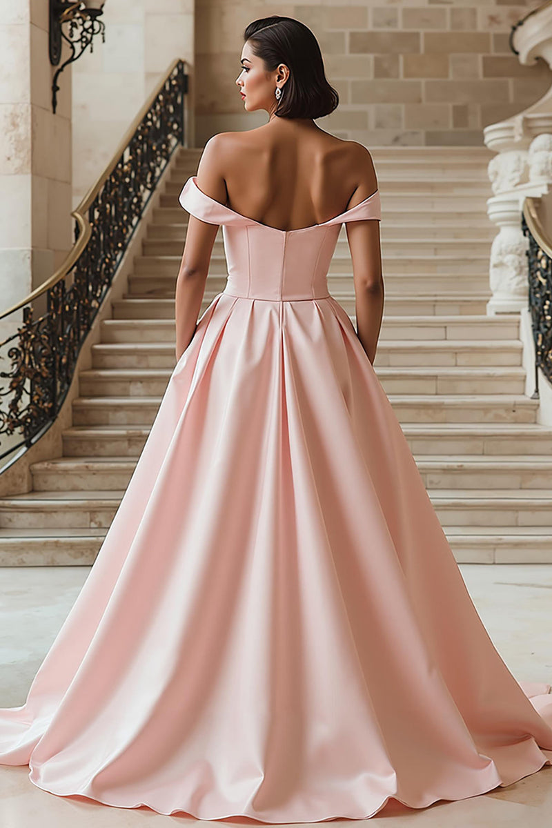 Load image into Gallery viewer, White A Line Off the Shoulder Sweep Train Wedding Dress with Slit