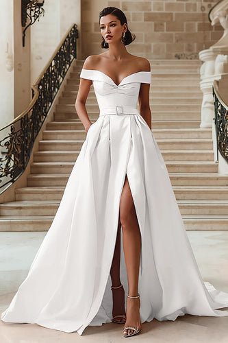White A Line Off the Shoulder Sweep Train Wedding Dress with Slit