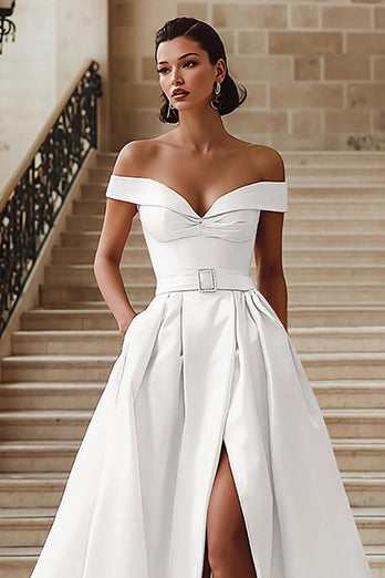 White A Line Off the Shoulder Sweep Train Wedding Dress with Slit