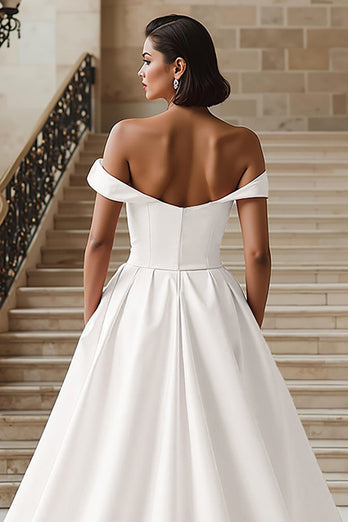 White A Line Off the Shoulder Sweep Train Wedding Dress with Slit