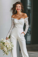 Load image into Gallery viewer, White Off the Shoulder Long Sleeves Bridal Jumpsuits with Pockets