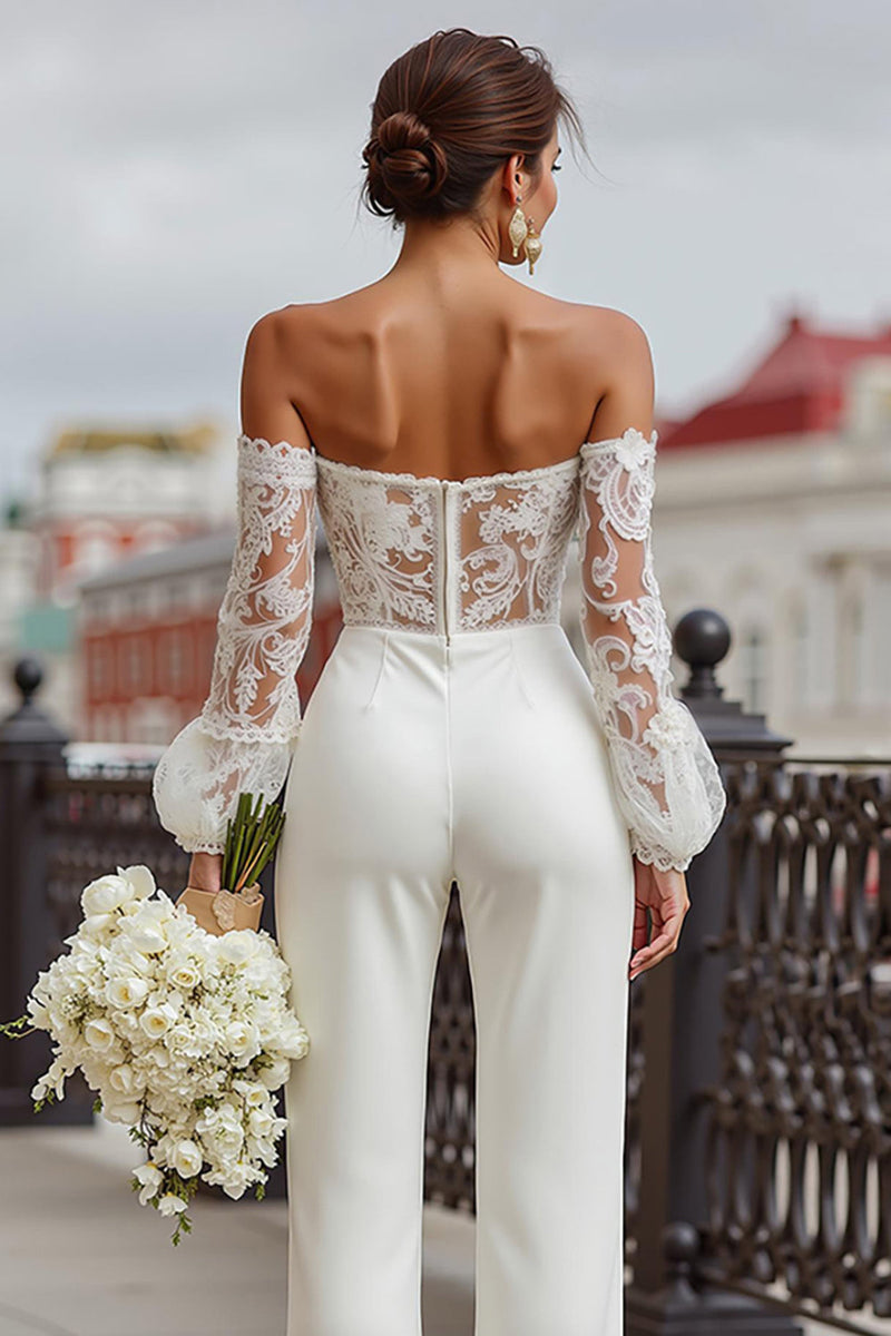 Load image into Gallery viewer, White Off the Shoulder Long Sleeves Bridal Jumpsuits with Lace