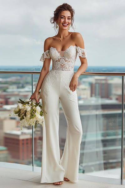 Ivory Backless Off the Shoulder Bridal Jumpsuits with Lace