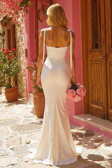 Ivory Spaghetti Straps Mermaid Floor-Length Wedding Dress with Bows
