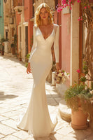 Load image into Gallery viewer, Ivory V-Neck Sweep Train Mermaid Wedding Dress with Sleeves