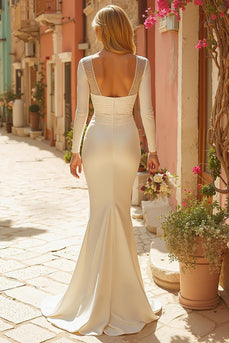 Ivory V-Neck Sweep Train Mermaid Wedding Dress with Sleeves