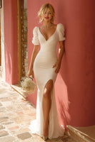 Load image into Gallery viewer, White Short Sleeves Sweep Train Mermaid Wedding Dress with Slit