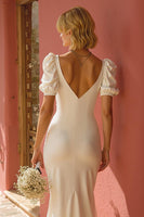 Load image into Gallery viewer, White Short Sleeves Sweep Train Mermaid Wedding Dress with Slit