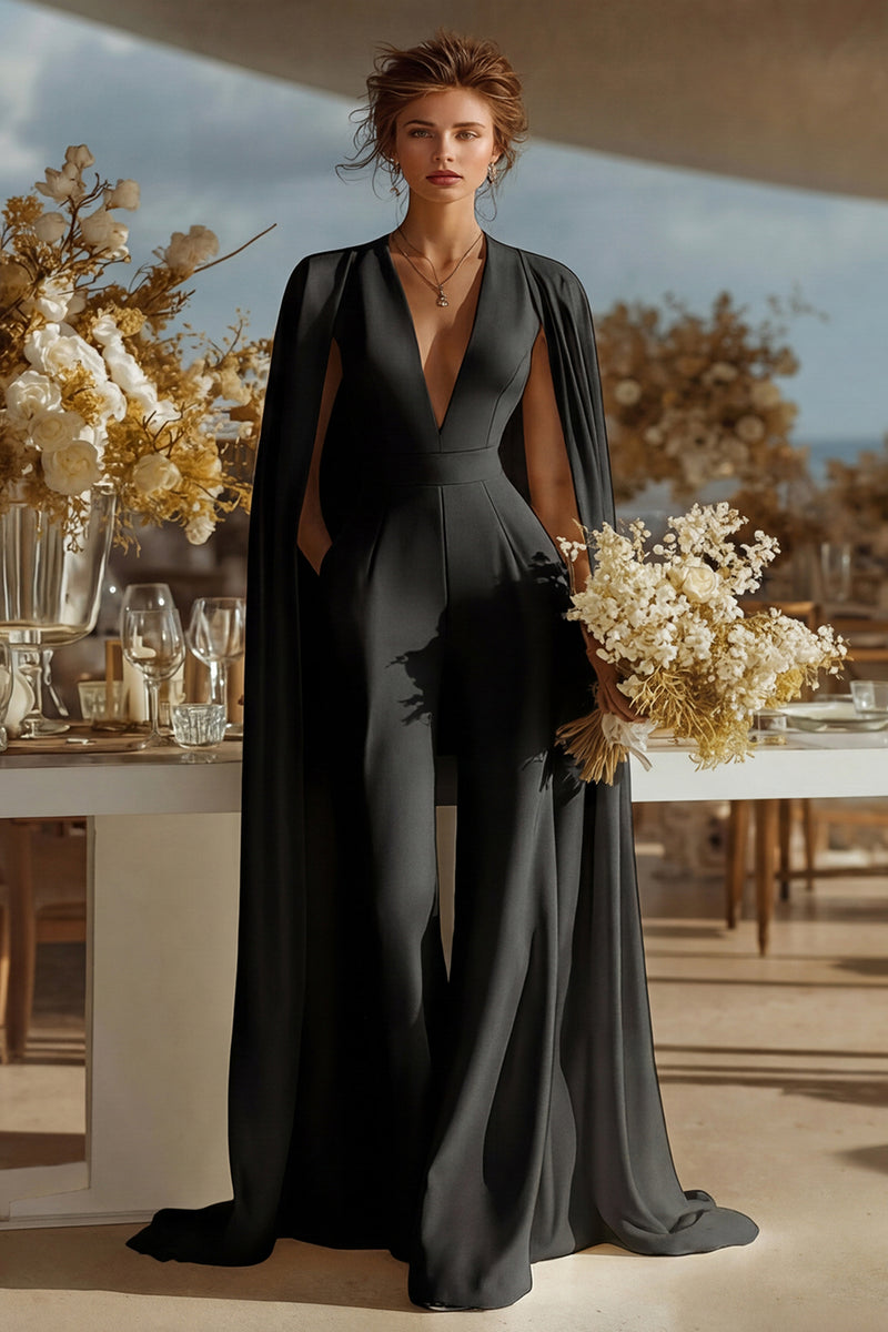Load image into Gallery viewer, Ivory Satin Deep V-Neck Bridal Jumpsuits with Cape