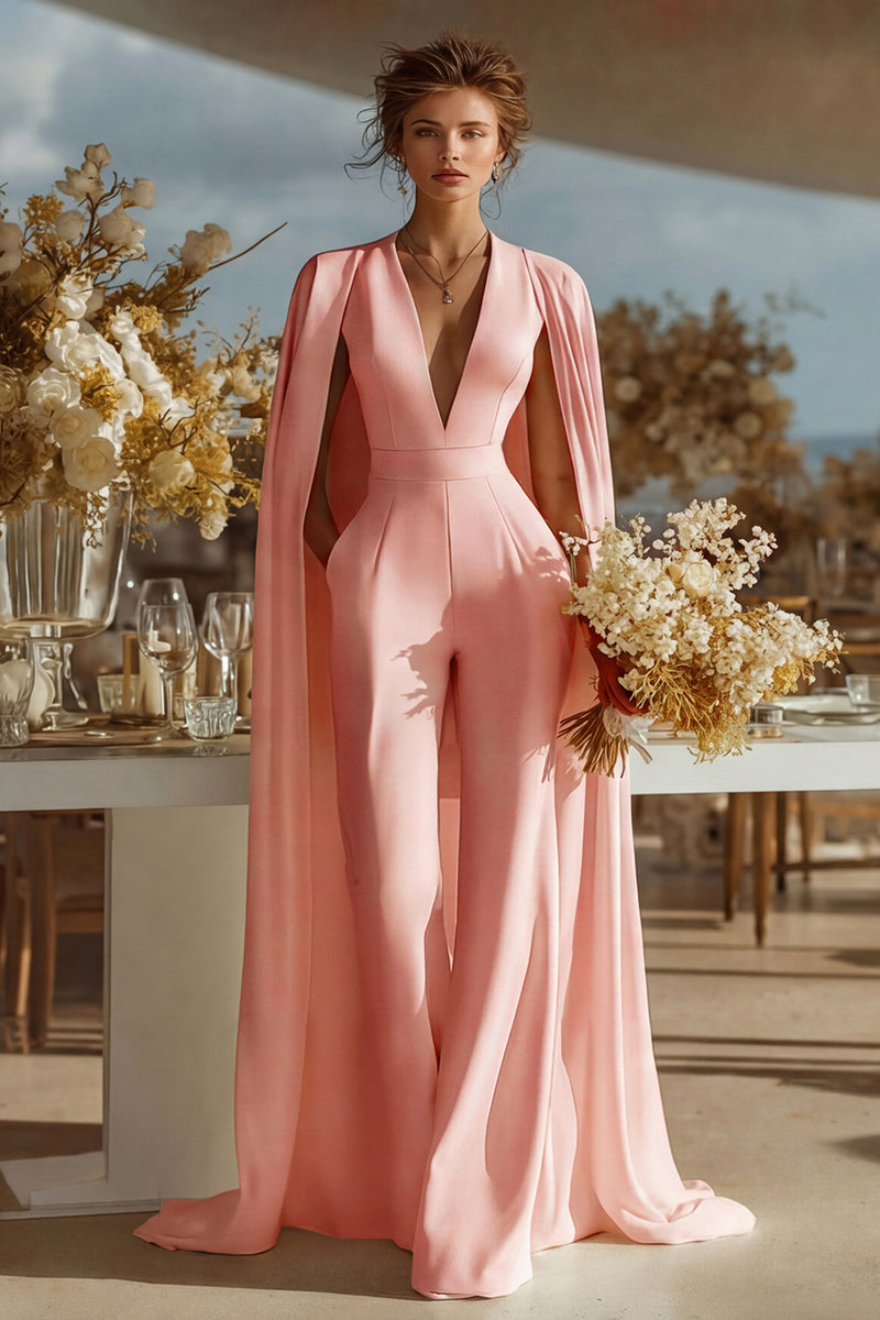 Load image into Gallery viewer, Ivory Satin Deep V-Neck Bridal Jumpsuits with Cape