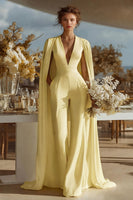 Load image into Gallery viewer, Ivory Satin Deep V-Neck Bridal Jumpsuits with Cape