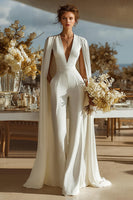 Load image into Gallery viewer, Ivory Satin Deep V-Neck Bridal Jumpsuits with Cape