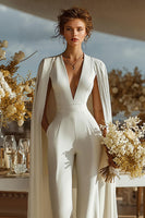 Load image into Gallery viewer, Ivory Satin Deep V-Neck Bridal Jumpsuits with Cape
