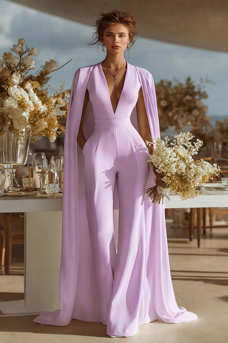 Load image into Gallery viewer, Ivory Satin Deep V-Neck Bridal Jumpsuits with Cape